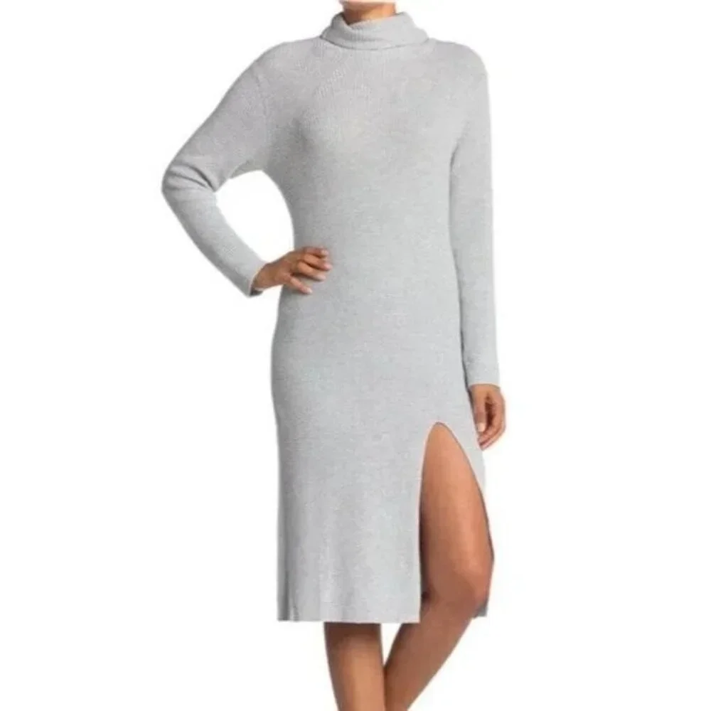 Abound Womens Midi Knit Sweater Dress Turtleneck Small S Gray Side Slit New NWT - Picture 1 of 12